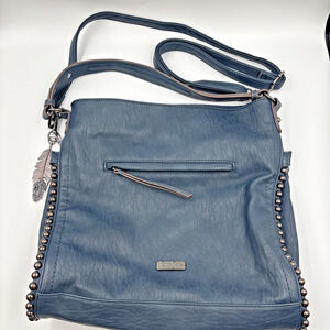 Jessica Simpson Slate Blue Studded Hobo Bag Gunmetal Moto Feather Charm